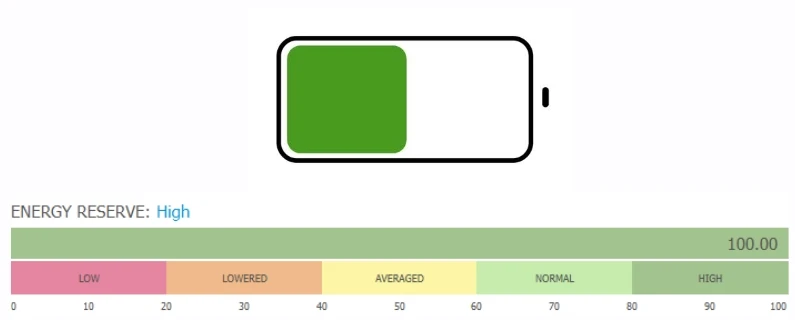 A battery graphic and an energy reserve scale from low to high