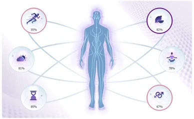 A body diagram surrounded by six lifestyle factor percentages