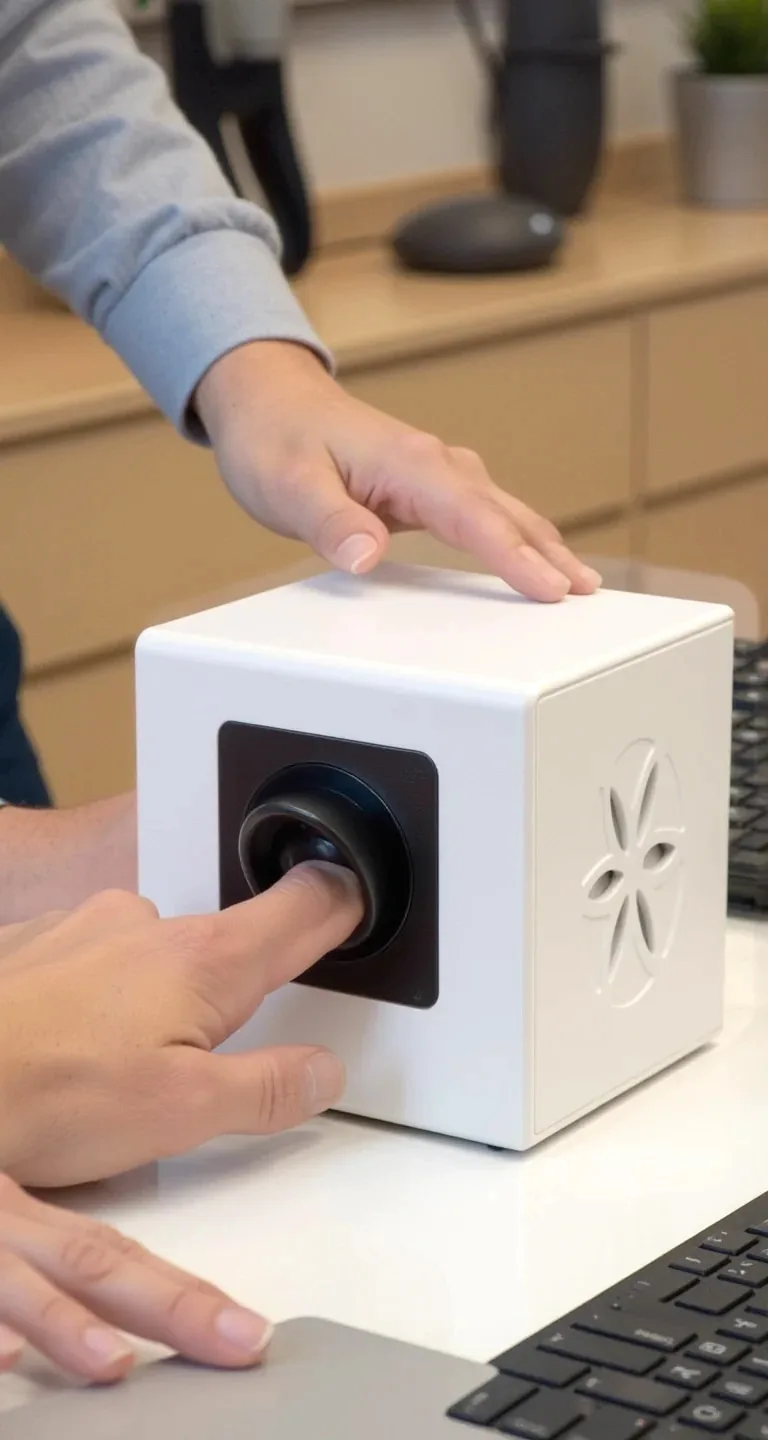 A fingertip resting on the Bio-Well scanner