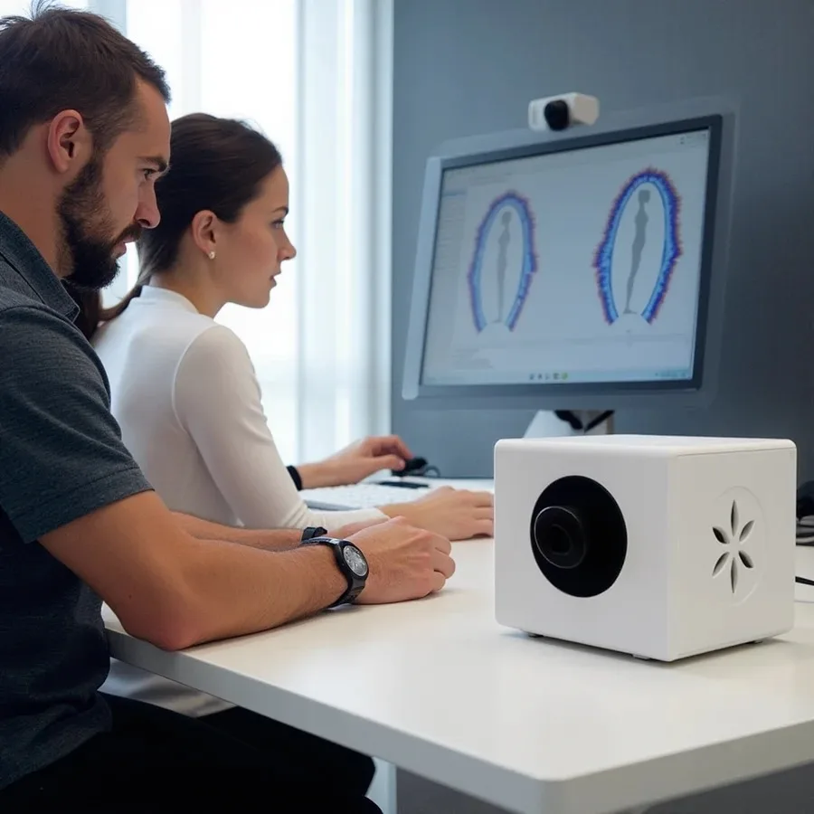 Two people looking at a Bio-Well report on a screen beside the scanner