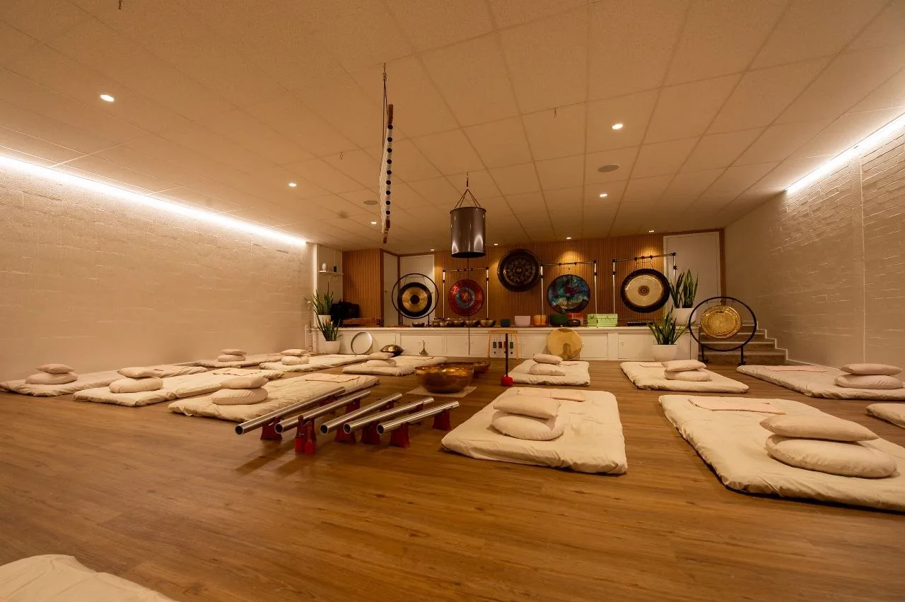 The Balcatta sound studio set up with mats, gongs and singing bowls